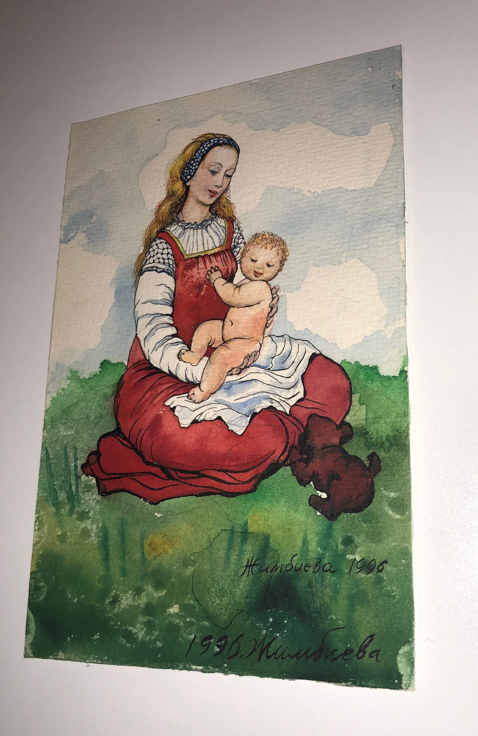 オリジナルアーティストのサイン入り水彩画「母親と裸の赤ちゃんと草原