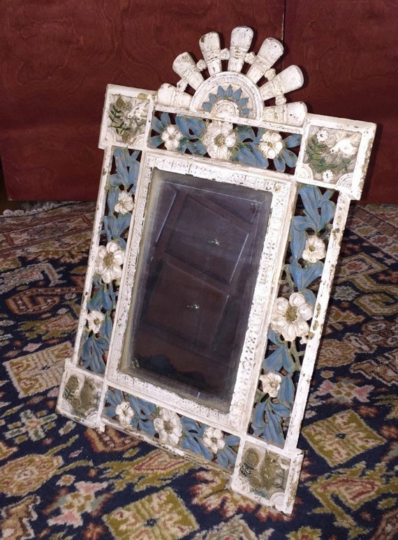 Victorian Frame Mirror Cast Iron Beveled Vintage Stand Up Vanity Dresser Home Decor Painted Raised Owls Birds