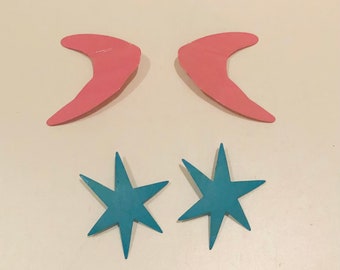 2 Pairs Fabulous 1980s Metal Disco Earrings Big Pierced Blue Stars Bright Pink Boomerangs Clips Starburst Boomerang MCM Retro Design