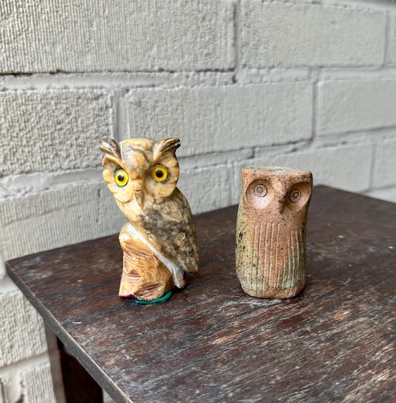 Pair Vintage Owl Figurines Mid Century MCM Ceramic Owl Statuette