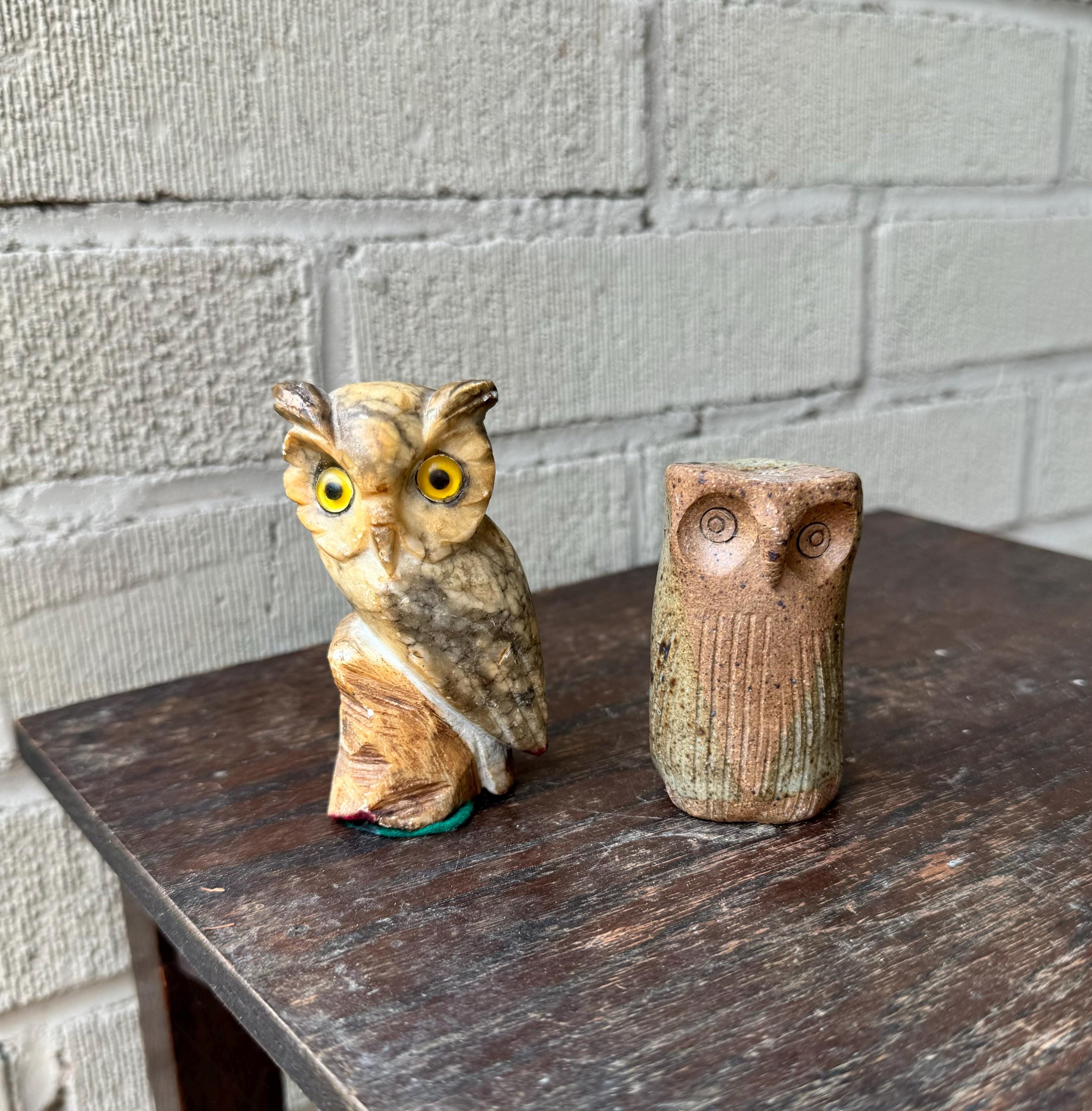 Pair Vintage Owl Figurines Mid Century MCM Ceramic Owl Statuette