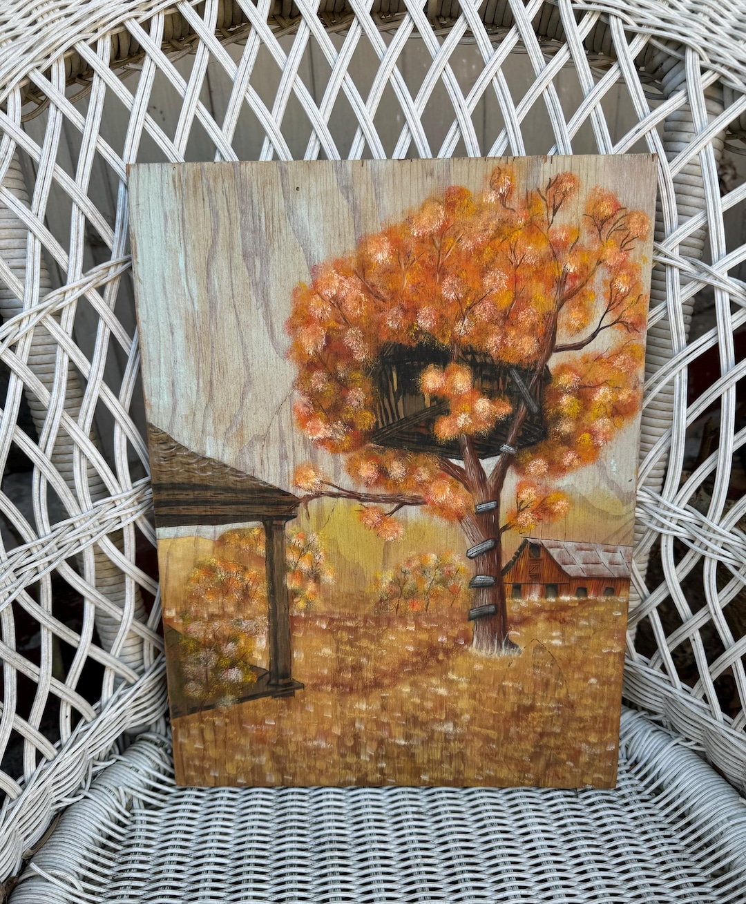 Rustic Fall Drawing Rustic Folk Art Painting on Wood Barn & Treehouse on an Autumn Day W ...