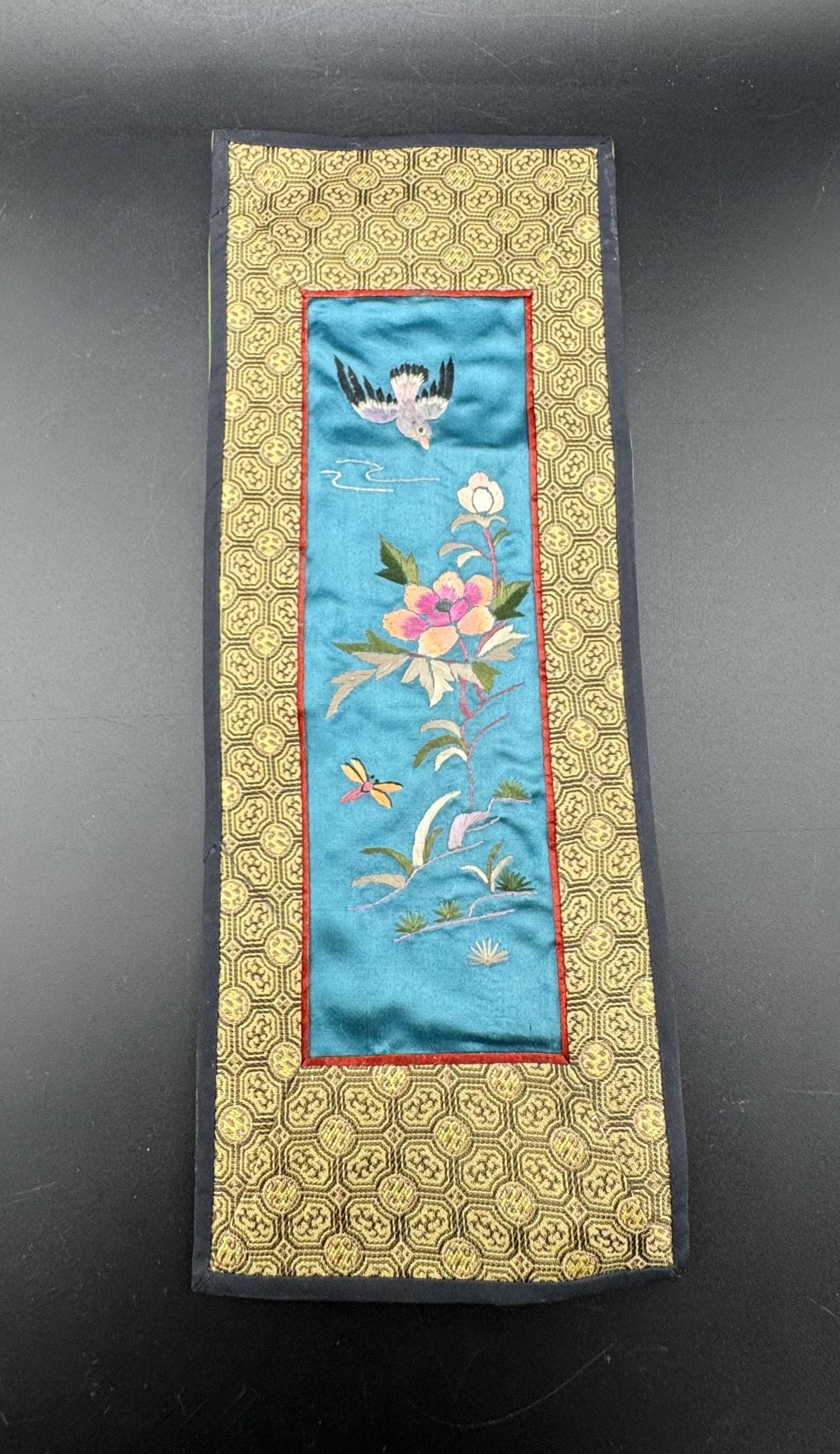 ヴィンテージ 敦煌 中国シルク刺繍タペストリーパネル 鳥と花 壁掛け