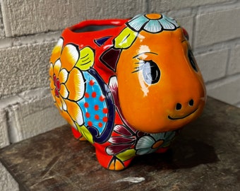 Vintage Mexican Talavera Orange Sheep Planter Festive Little Plant Weed Pot Smiling Anthropomorphic Calf Made in Mexico Hand Painted Medium