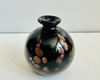 Adorable Vintage Blown Art Glass Bud Vase Black and Gold Aventurine or Perfume Bottle Base No Stopper Cool Weed Pot