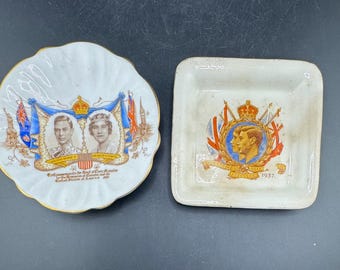Platos antiguos de cerámica inglesa con decoración transferida, ideales para celebrar la coronación del rey Jorge VI y la reina Isabel II en 1937 y la visita de Estados Unidos y Canadá a Aynsley Bowl.