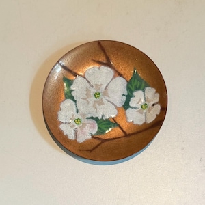Small Vintage Annemarie Davidson Copper Enamel White Dogwoods Trinket Dish Floral Wall Art Plaque California Artist 4”