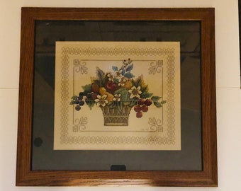 Beautifully Handmade Framed Needlepoint Floral Still Life Bouquet Mixed Flowers Roses Basket signed LML 99 Country Kitchen Cabin Wall Art