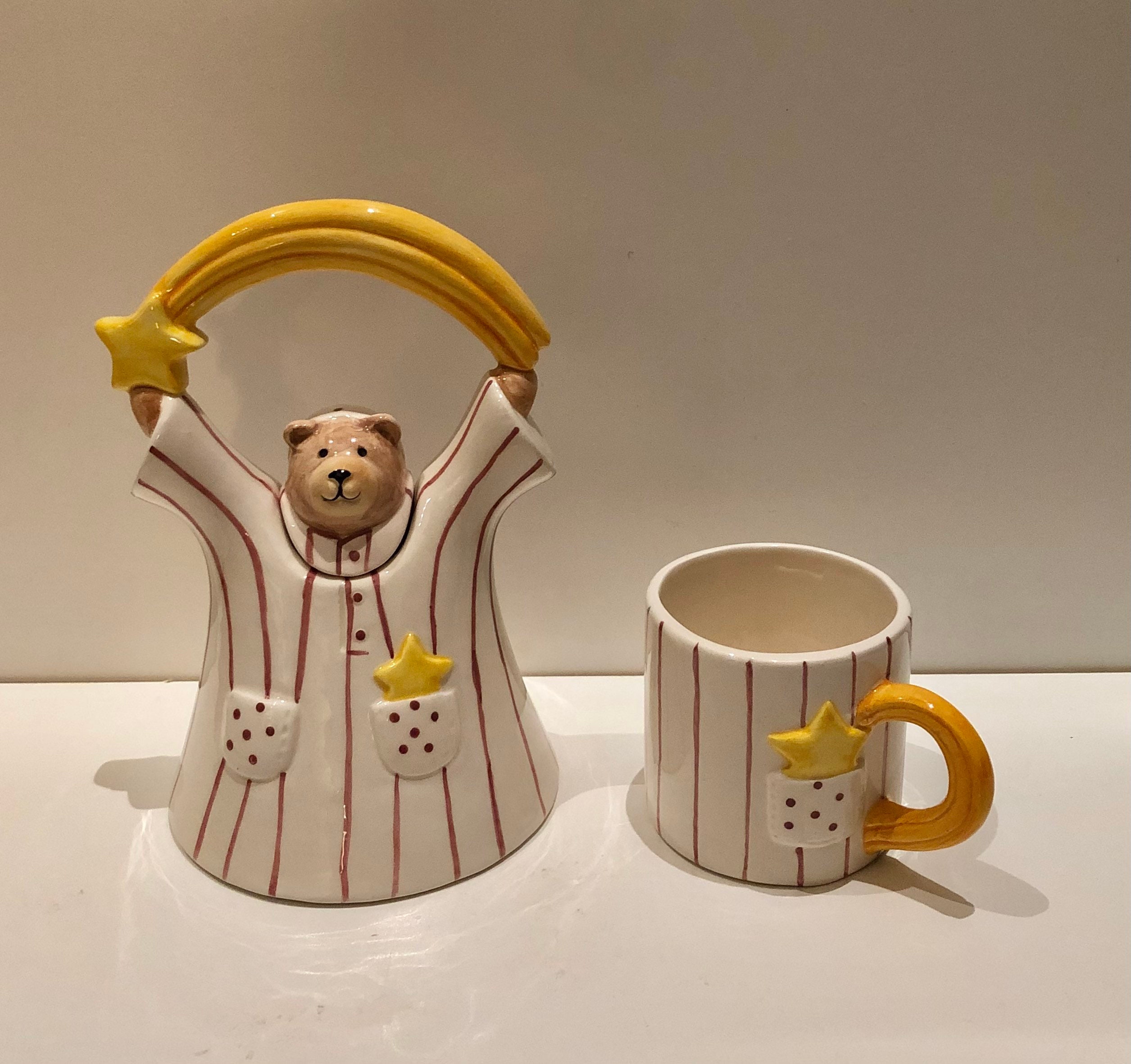 Vintage Clay Art Catch A Falling Star Juice Set Pitcher & Matching Cup 1983 Teddy Bear Wearing Stripes Polka Dot Pajamas Breakfast Table Set