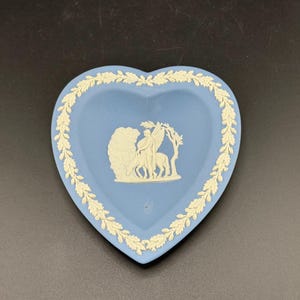 Vintage Blue Wedgwood Jasperware Heart Shaped Trinket Dish Neoclassical Greco Roman Pegasus Mythological Scene