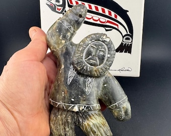 Vintage Alaskan Soapstone Sculpture Inuit Eskimo Hunter Fisherman