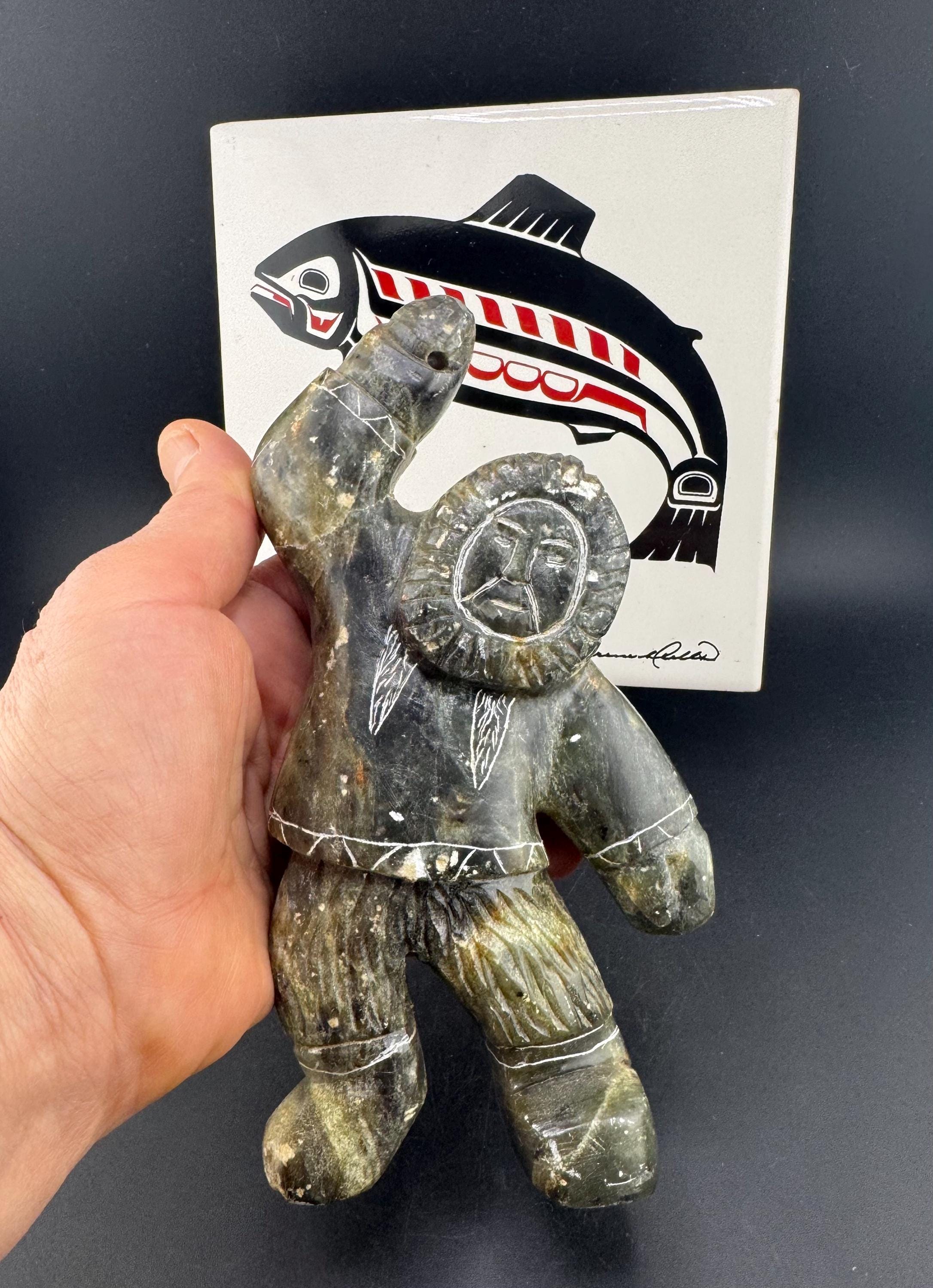 Vintage Alaskan Soapstone Sculpture Inuit Eskimo Hunter Fisherman