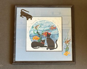Vintage "The Impossible Dream Isn’t" Artist Signed D Morgan 1996 Framed Print Black Cats Tropical Fish Hand Painted Matting Kitty Lovers