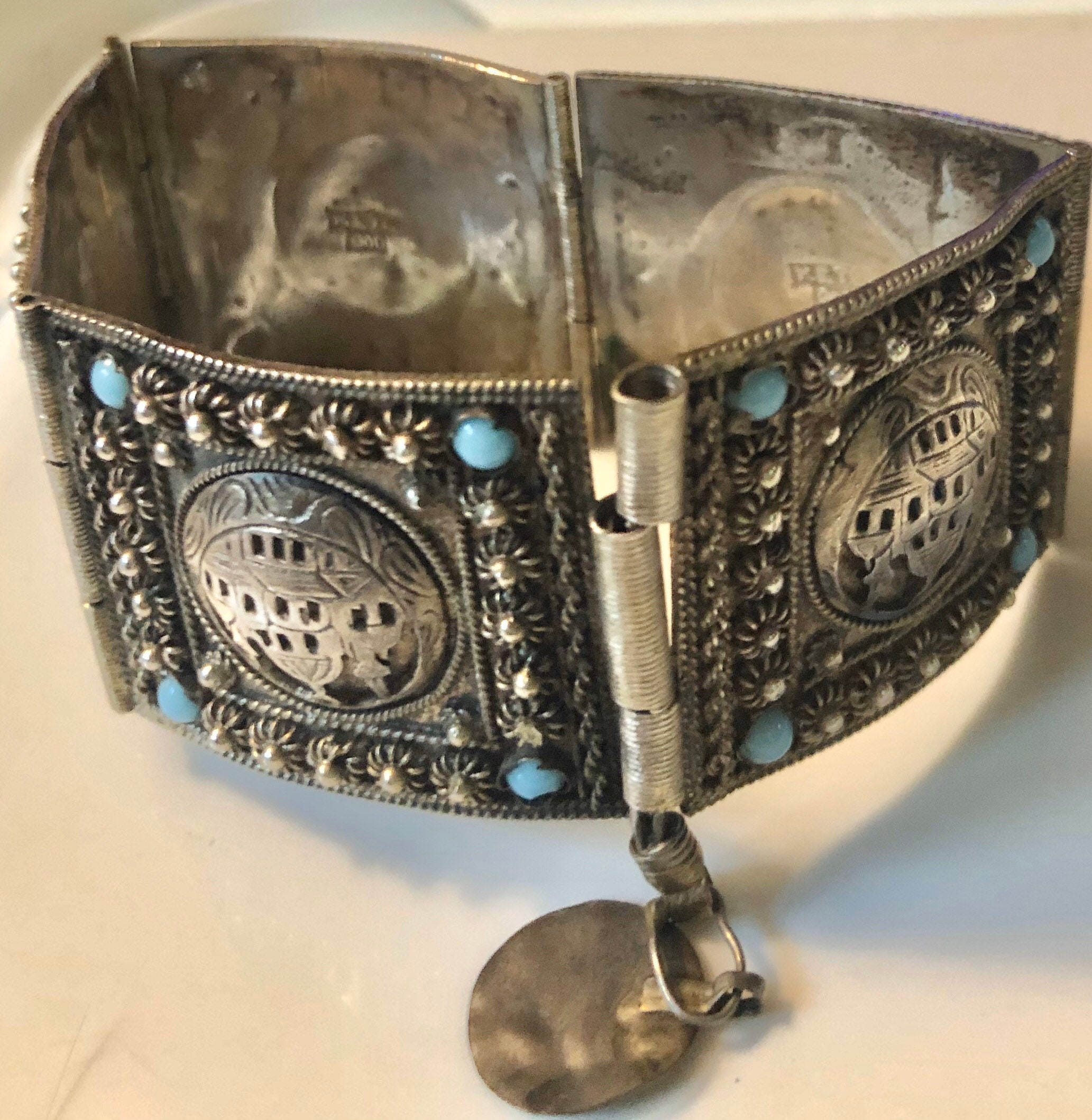 Vintage Turkish Silver Filigree Turquoise Tribal Cuff Panel