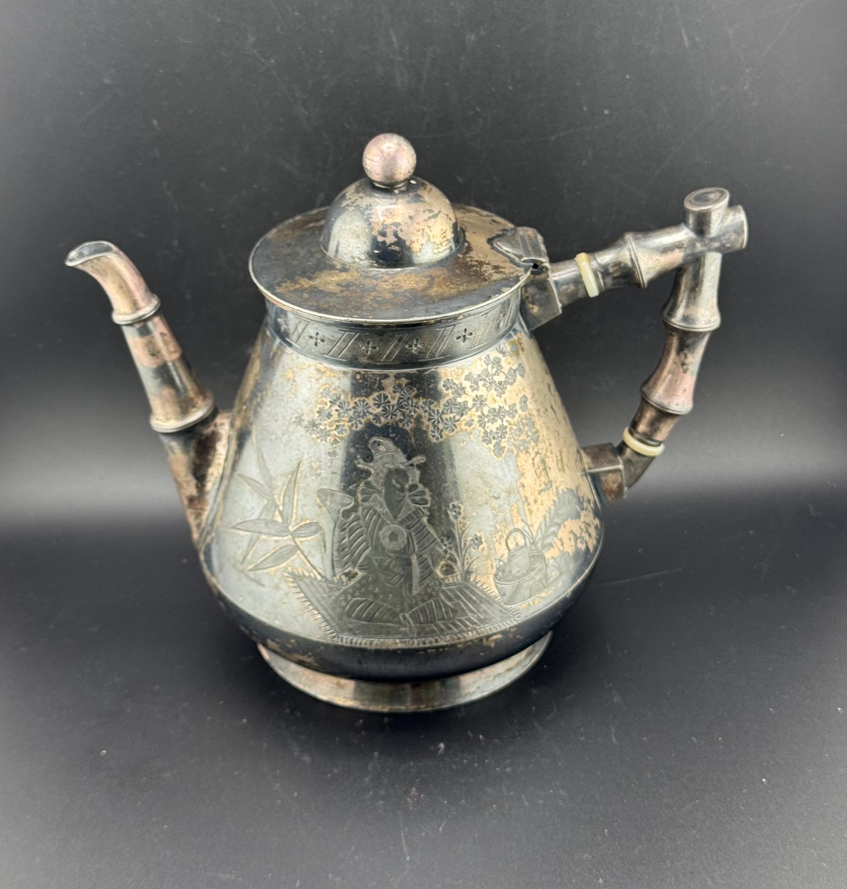 Antique Victorian Aesthetic Japonisme Silverplate Teapot Etched