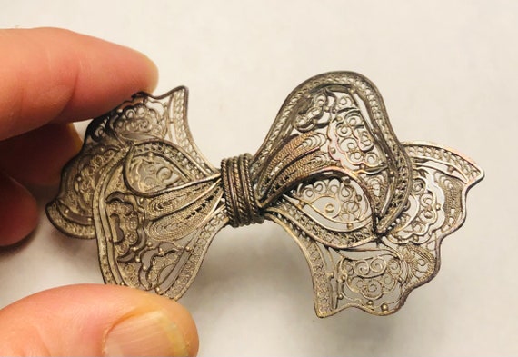 Intricate Antique Filigree Bow Brooch Handmade Or… - image 7