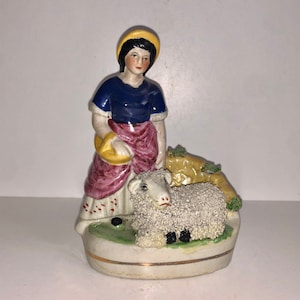 Antique Staffordshire Shepardess & Lamb or Sheep Statuette Hand Painted Porcelain Granny Core English Cottage Decor ca 1820s