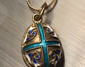 Enameled Russian Egg Pendant Vintage Russian Enameled Egg Necklace Silver Hallmarked Pendant on costume neck Chain