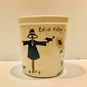 Vintage RRP Co Roseville Ohio Keramik Quart Crock Lehigh Valley Sonnenblumen Herbst Vogelscheuche Robinson Ransbottom Steingut Primitive Cabin