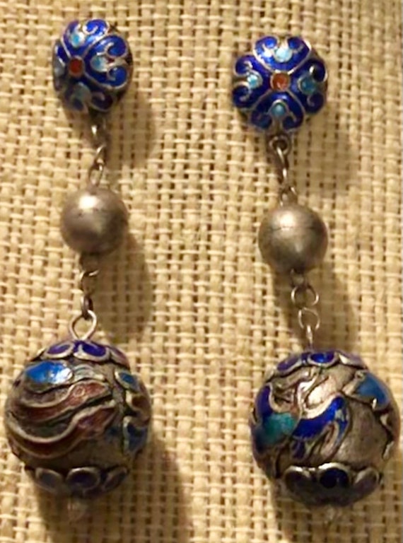 Antique Chinese Enameled Dangles Pierced Chinese Earrings 1920s-30s View 4
