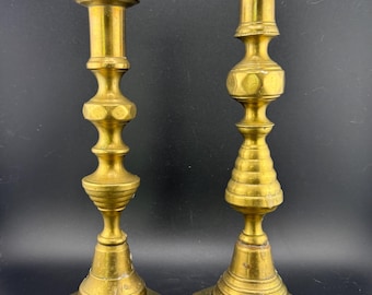 Heavy Vintage Solid Brass English Pillar Candle Holders For Polishing or Restoration Elegant Table Decor Mismatched Set
