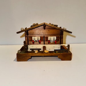 Vintage Black Forest German Chalet Miniature Music Box Jewelry Box Water Wheel Turns when Playing Raindrops Keep Falling on My Head ca 1960s