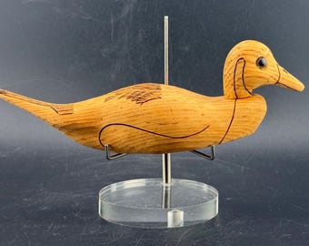 Small Vintage Folk Art Duck Decoy Carving Wooden Sculpture Glass Eyes Primitive Mallard Artist Signed REK 97 Hunting Lodge Rustic Farmhouse