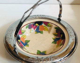 Art Deco Chrome Porcelain Basket with Handle Umbertone Made for Farberware by Leigh Potters Inc Candy Dish Nut Bowl Polychrome Tulip Flowers