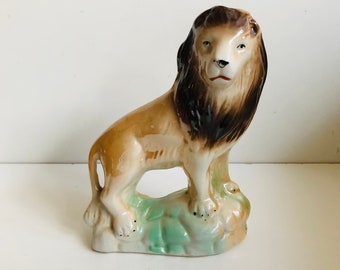 Vintage Lusterware Lion Figurine Made in Brazil Brazilian Art Pottery Ceramic Lion Statue Animal Statuette