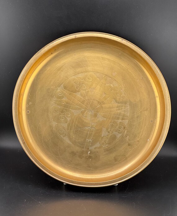 Vtg Engraved Korean Brass Tray Etched Bamboo Plate Dong Wha Brass