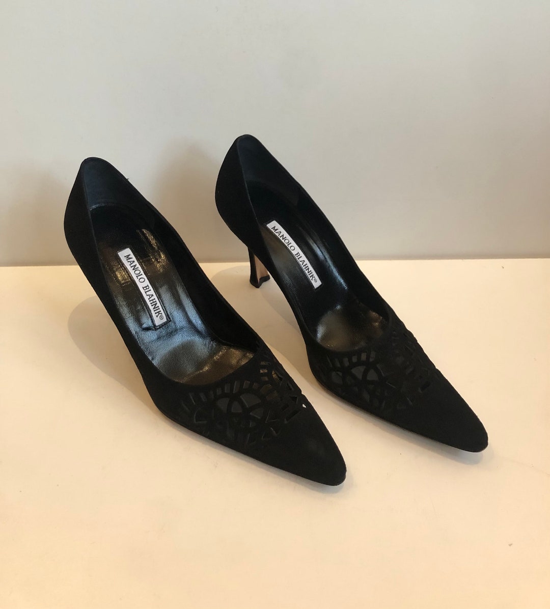 Vintage Black Suede Cutout Manolo Blahnik Pumps Semi Pointed Toes