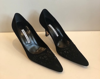 Vintage Black Suede Cutout Manolo Blahnik Pumps Semi Pointed Toes High Heels Stilettos Laser Cut Accents Size 37 1/2 Gently Worn