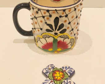 Vintage Mexican Talavera Mug w Interior Design Mexican Majolica Ceramic Mug Mexican Art Pottery & Miniature Cross Wall Hanging Pendant