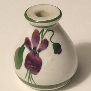 Vintage Torquay Pottery Hovendens Devon Violets Scent Bottle Miniature Pinched Pottery Perfume Bottle Made in Great Britain no stopper