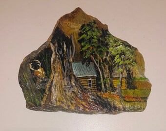 Vtg Natural Slate Miniature Primitive Painting Cabin Woods Forest 3 Point Buck Deer Rustic Decor Signed Hanson Mini Painting Cottage Core