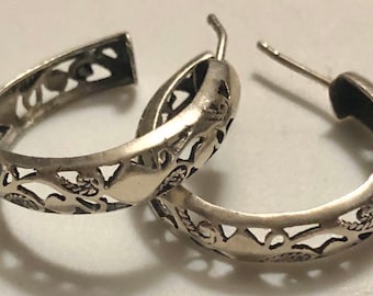 Vintage Sterling Silver Hoop Design Pierced Earrings Fancy