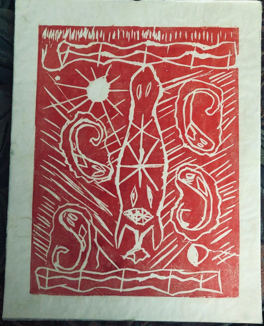 interesting-wood-block-woodcut-print-of-animal-bat-hanging-upside-down