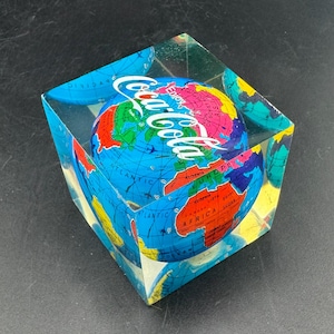 Vtg Coca Cola Lucite Globe Paperweight Cube Tokyo Atlanta Essen SOE 1993 Souvenir Coke Advertising Miniature Desktop Decor