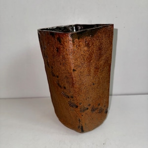 Gorgeous Hand Built Studio Pottery Large Square Vase w Sgraffito Sculpted Design Earthtone Clay Signed TM Becker Troy Becker Ceramics 8”