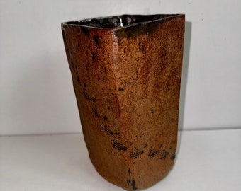 Gorgeous Hand Built Studio Pottery Large Square Vase w Sgraffito Sculpted Design Earthtone Clay Signed TM Becker Troy Becker Ceramics 8”