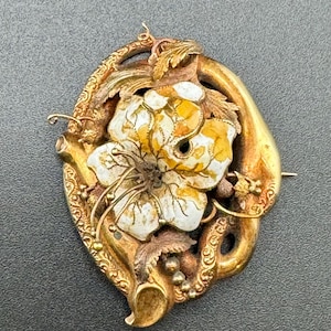Ornate Antique 19th Century Mid Victorian Gold Reposse Hand Chased Brooch White Enameled Flowers Foliage 3D Floral 1850s-70s Pinchbeck AS IS