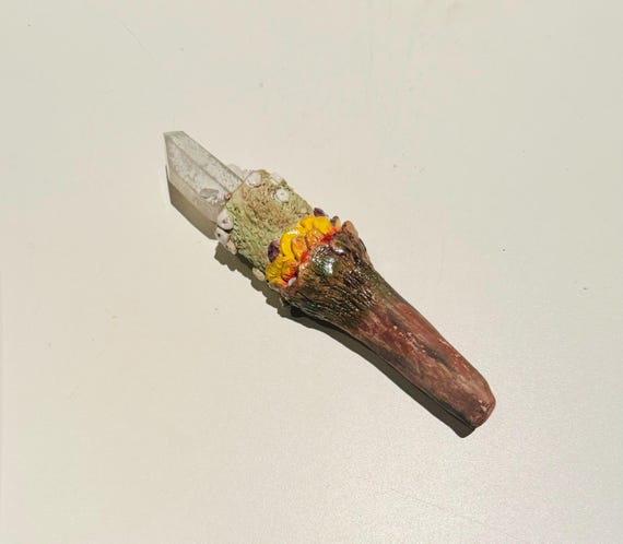 Handmade Mythical Crystal Magical Wand Sculpted Ceramic Handle Natural Quartz Crystal Mystic Fairy Garden Scepter Halloween Witch Costume