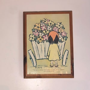 1969 Vintage Flavia Weedn Druck auf Holzwand Kunstwerk Mädchen mit Blumenwagen William Blake Gedicht Wildblumen Buzza Cardozo Cottage Core Decor