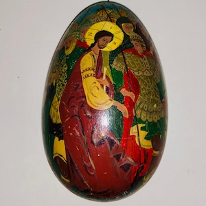 Vtg Hand Painted Russian Orthodox Wooden Egg Crucifixion Religious Statuette Wood Lacquer Easter Egg Russian Folk Art Eastern Orthodox Icon
