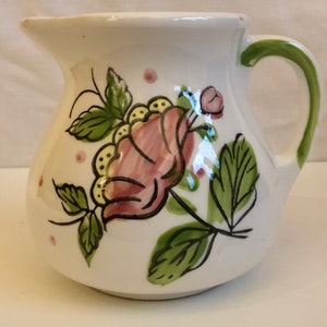 Hand Painted Pitcher Vintage Art Pottery Pink Flower Painting Small Japanese Ceramic Cottage Core Granny Chic Japan 1977