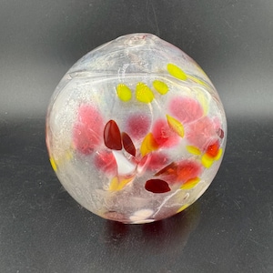 Signed Studio Art Glass Ball Vase Weedpot Stem Vessel Inside Out Glass Hand Blown Sculpture Objet D’art Pink & Yellow Swirls Minimalism