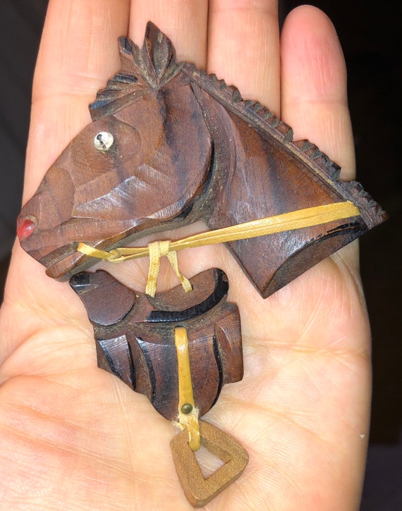 Vintage Carved Midcentury Leather & Wood Horse an… - image 8