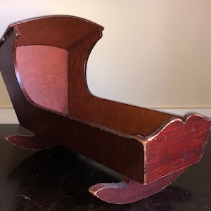 Adorable Vintage Wooden Doll Cradle Handmade Ca mid 1900s w Miniature Patchwork Quilt and Pillow Perfect for up to 16 Inch Doll