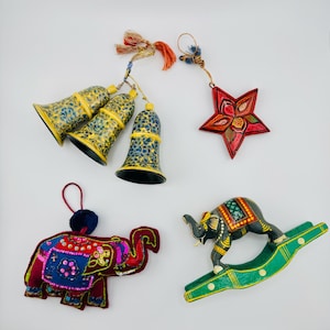 Vintage Indian Kashmiri Ornaments Floral Bells Wooden Star Carved Wood Elephant Sequined Felt Elephant Christmas Ornaments