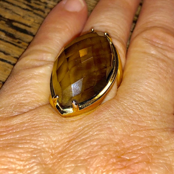 Lovely Large Faux Smokey Quartz Goldtone Setting Size 6.5 Circa 1980s Statement Ring w Faceted Faux Gemstone SALE